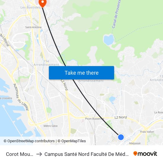 Corot Moutte to Campus Santé Nord Faculté De Médecine map