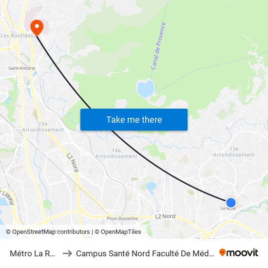 Métro La Rose to Campus Santé Nord Faculté De Médecine map