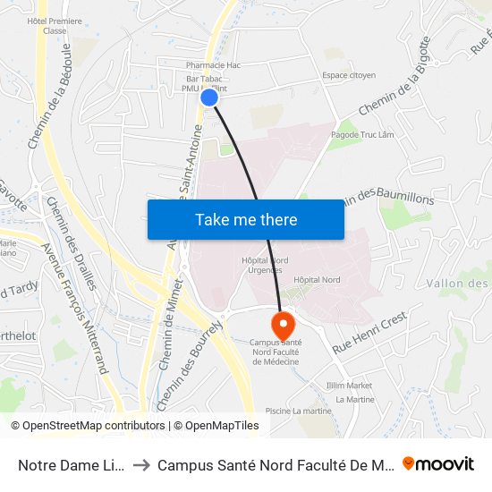 Notre Dame Limite to Campus Santé Nord Faculté De Médecine map