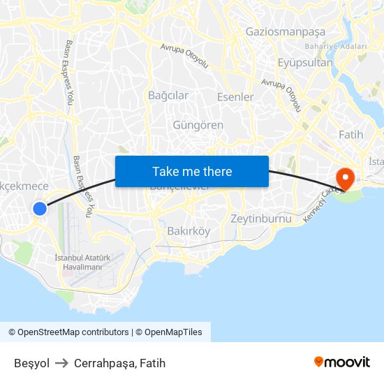 Beşyol to Cerrahpaşa, Fatih map