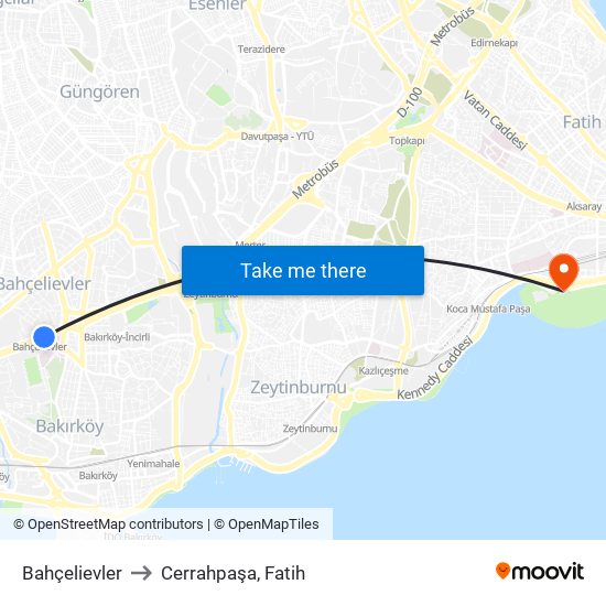 Bahçelievler to Cerrahpaşa, Fatih map