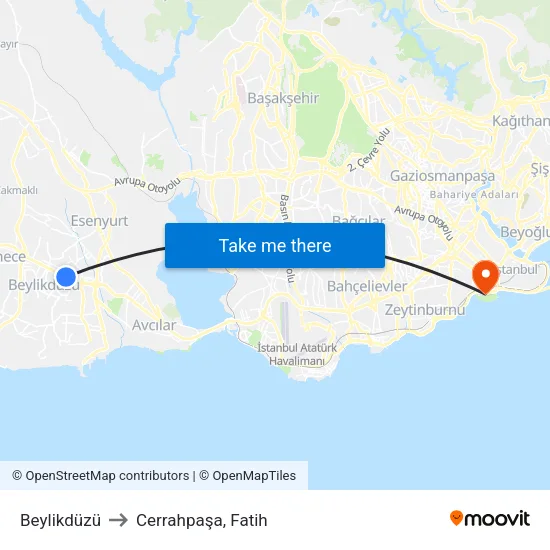 Beylikdüzü to Cerrahpaşa, Fatih map