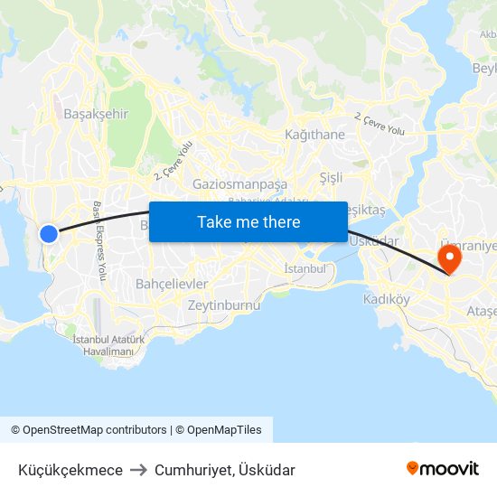 Küçükçekmece to Cumhuriyet, Üsküdar map