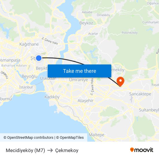 Mecidiyeköy (M7) to Çekmekoy map
