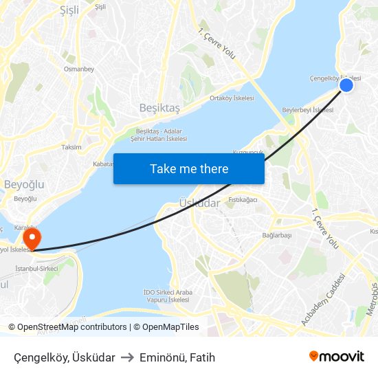 Çengelköy, Üsküdar to Eminönü, Fatih map