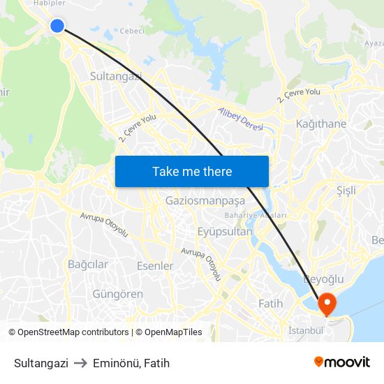 Sultangazi to Eminönü, Fatih map
