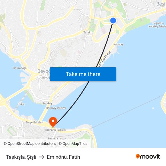 Taşkışla, Şişli to Eminönü, Fatih map