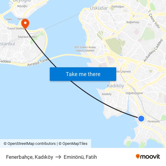 Fenerbahçe, Kadıköy to Eminönü, Fatih map