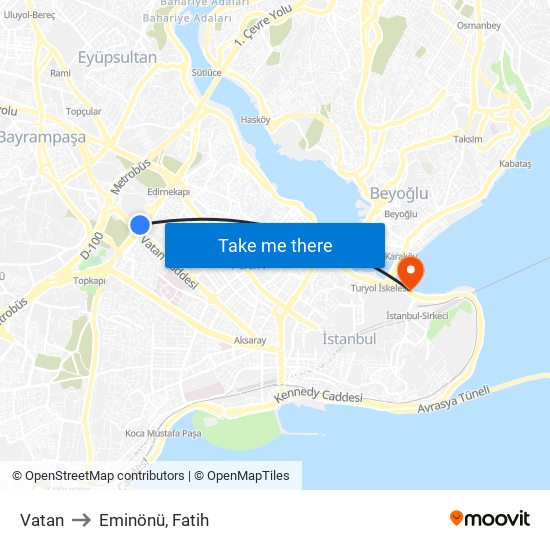 Vatan to Eminönü, Fatih map