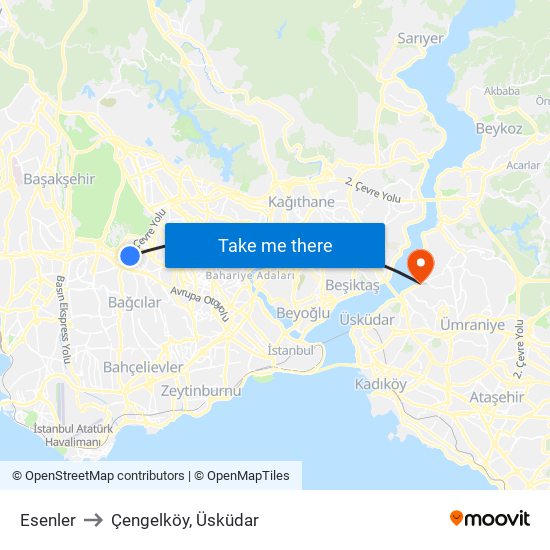 Esenler to Çengelköy, Üsküdar map