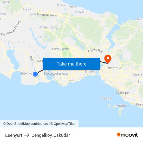 Esenyurt to Çengelköy, Üsküdar map