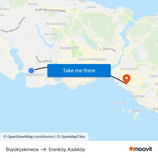 Büyükçekmece to Erenköy, Kadıköy map