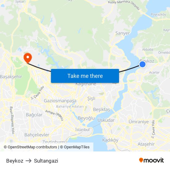 Beykoz to Sultangazi map