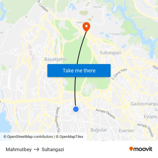 Mahmutbey to Sultangazi map