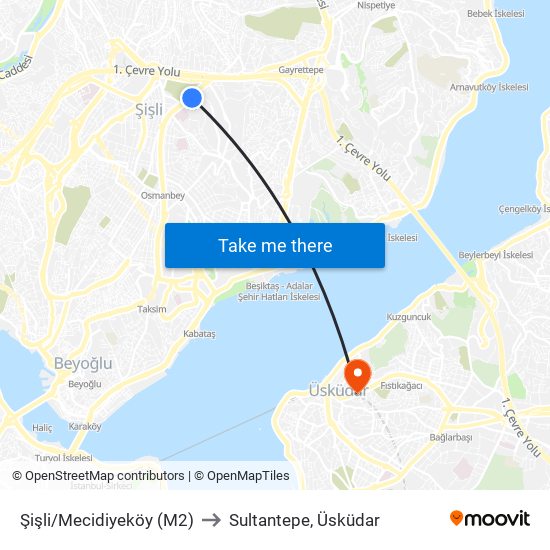 Şişli/Mecidiyeköy (M2) to Sultantepe, Üsküdar map