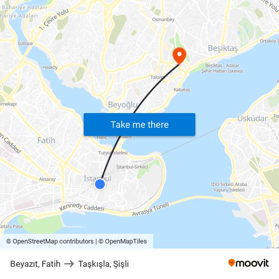 Beyazıt, Fatih to Taşkışla, Şişli map