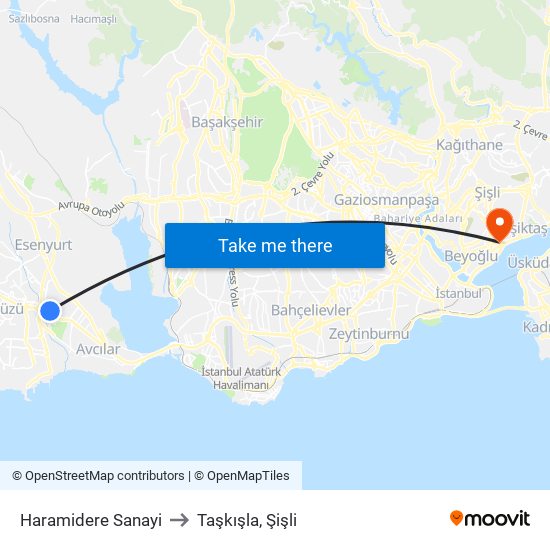 Haramidere Sanayi to Taşkışla, Şişli map