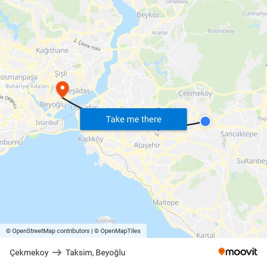 Çekmekoy to Taksim, Beyoğlu map