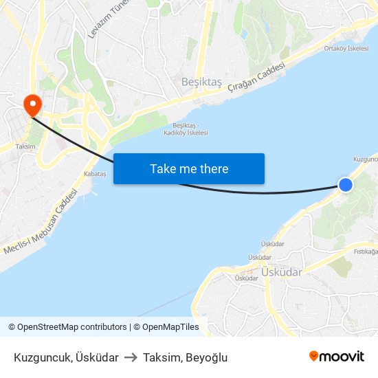 Kuzguncuk, Üsküdar to Taksim, Beyoğlu map
