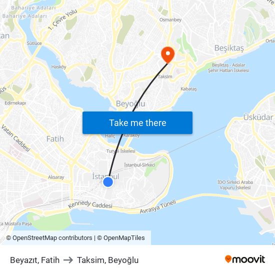 Beyazıt, Fatih to Taksim, Beyoğlu map