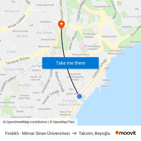 Fındıklı - Mimar Sinan Üniversitesi to Taksim, Beyoğlu map