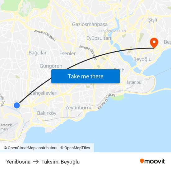 Yenibosna to Taksim, Beyoğlu map