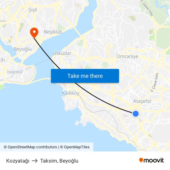 Kozyatağı to Taksim, Beyoğlu map