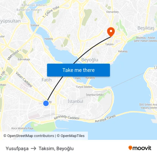 Yusufpaşa to Taksim, Beyoğlu map