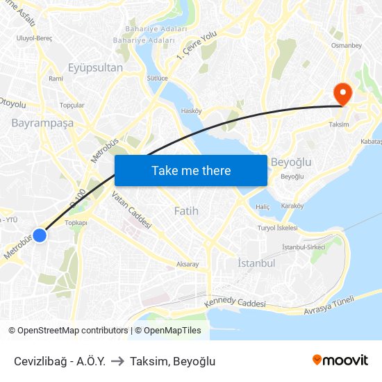 Cevizlibağ - A.Ö.Y. to Taksim, Beyoğlu map
