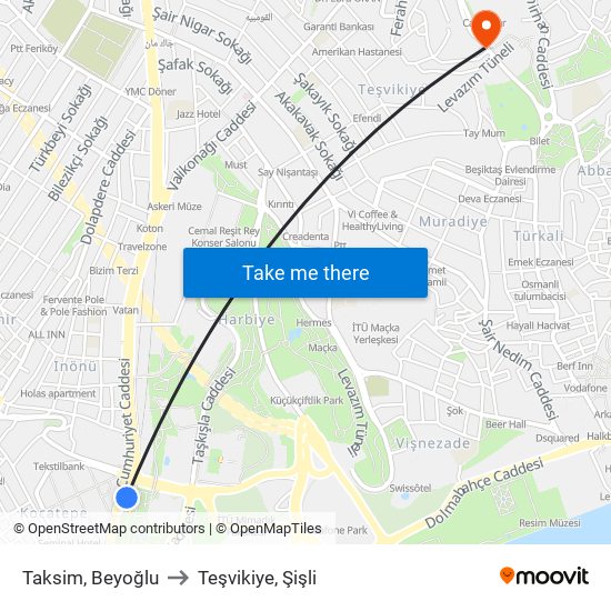 Taksim, Beyoğlu to Teşvikiye, Şişli map
