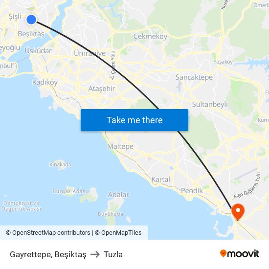 Gayrettepe, Beşiktaş to Tuzla map