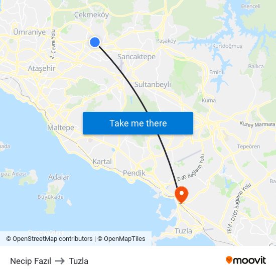 Necip Fazıl to Tuzla map
