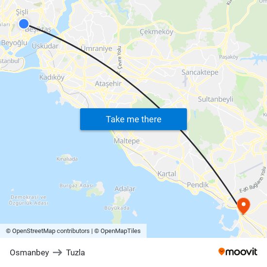 Osmanbey to Tuzla map