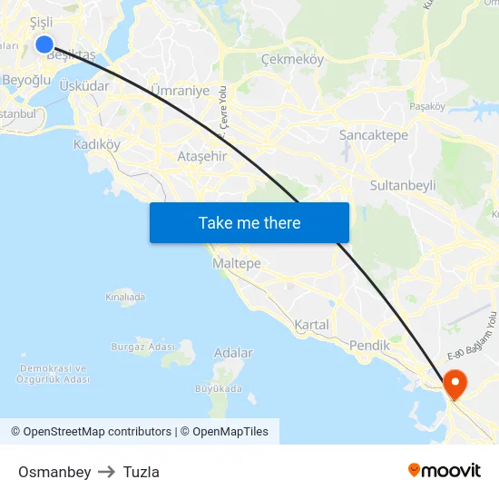 Osmanbey to Tuzla map