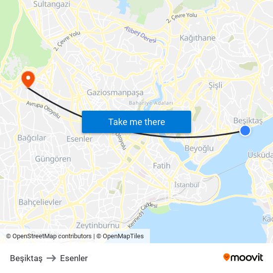 Beşiktaş to Esenler map