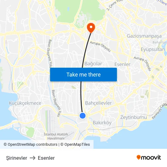 Şirinevler to Esenler map
