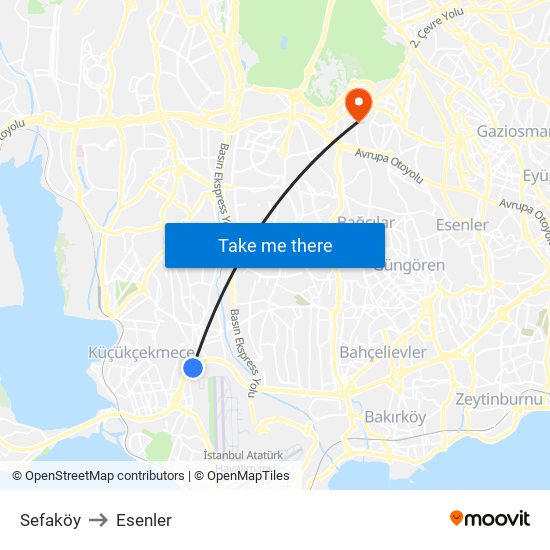Sefaköy to Esenler map