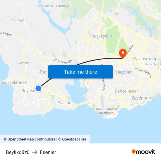 Beylikdüzü to Esenler map