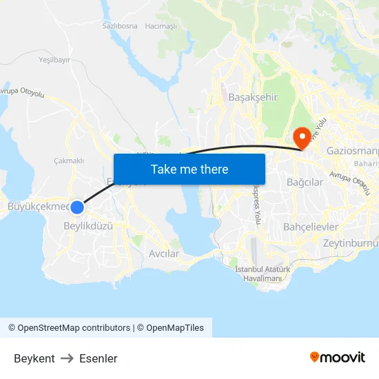 Beykent to Esenler map