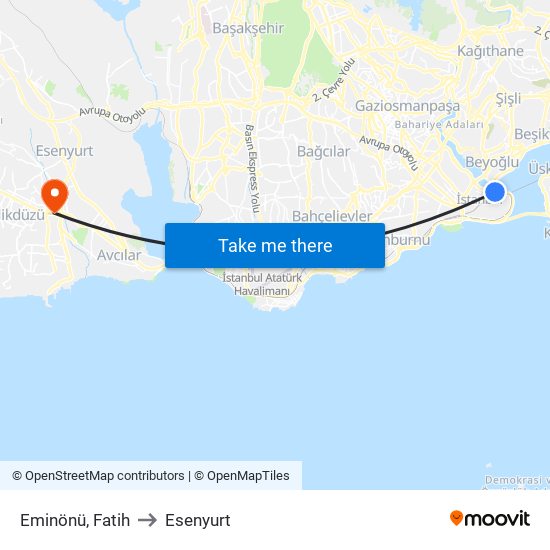 Eminönü, Fatih to Esenyurt map