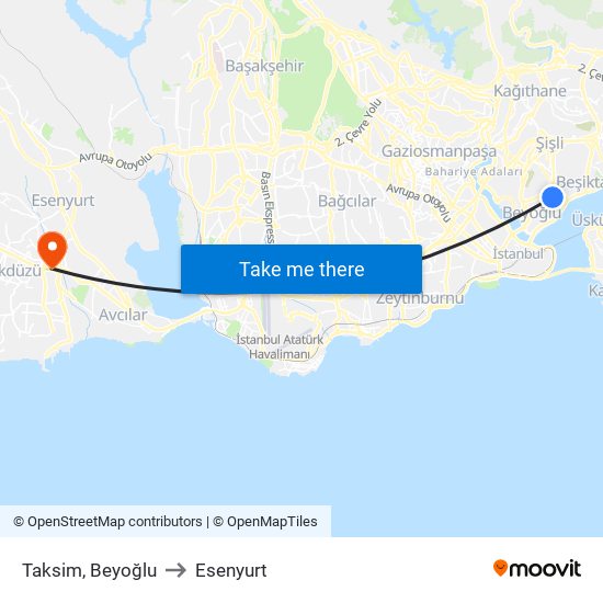Taksim, Beyoğlu to Esenyurt map