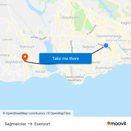 Sağmalcılar to Esenyurt map