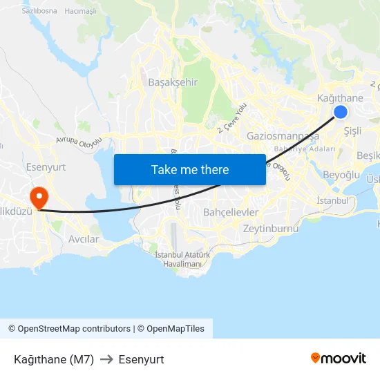 Kağıthane (M7) to Esenyurt map