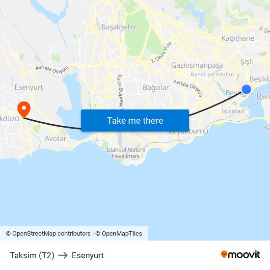 Taksim (T2) to Esenyurt map