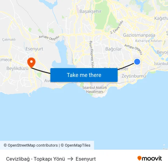 Cevizlibağ - Topkapı Yönü to Esenyurt map