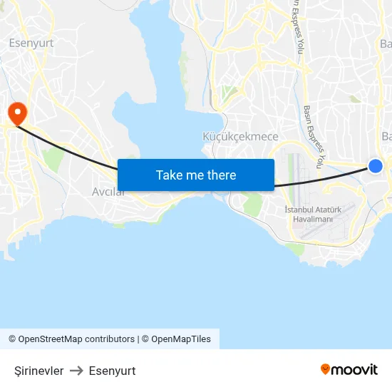 Şirinevler to Esenyurt map