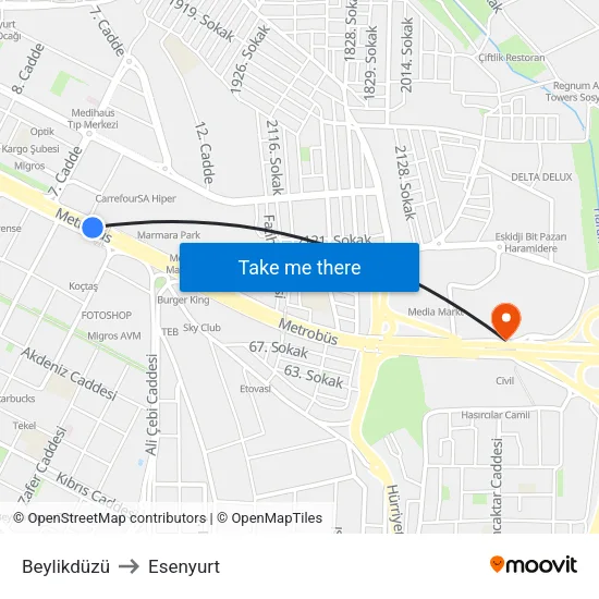 Beylikdüzü to Esenyurt map