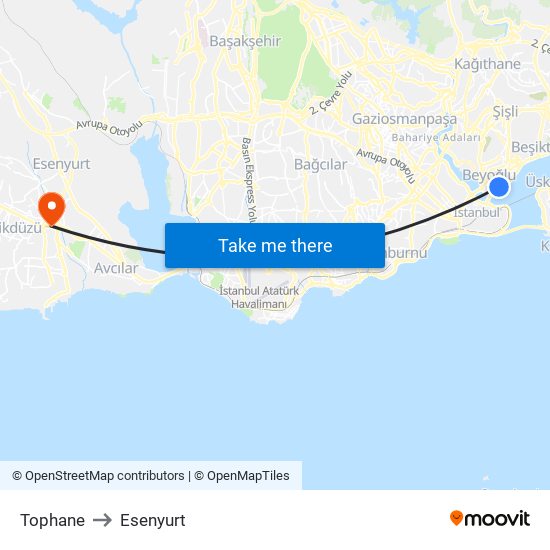 Tophane to Esenyurt map
