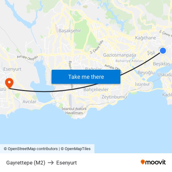 Gayrettepe (M2) to Esenyurt map
