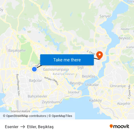 Esenler to Etiler, Beşiktaş map